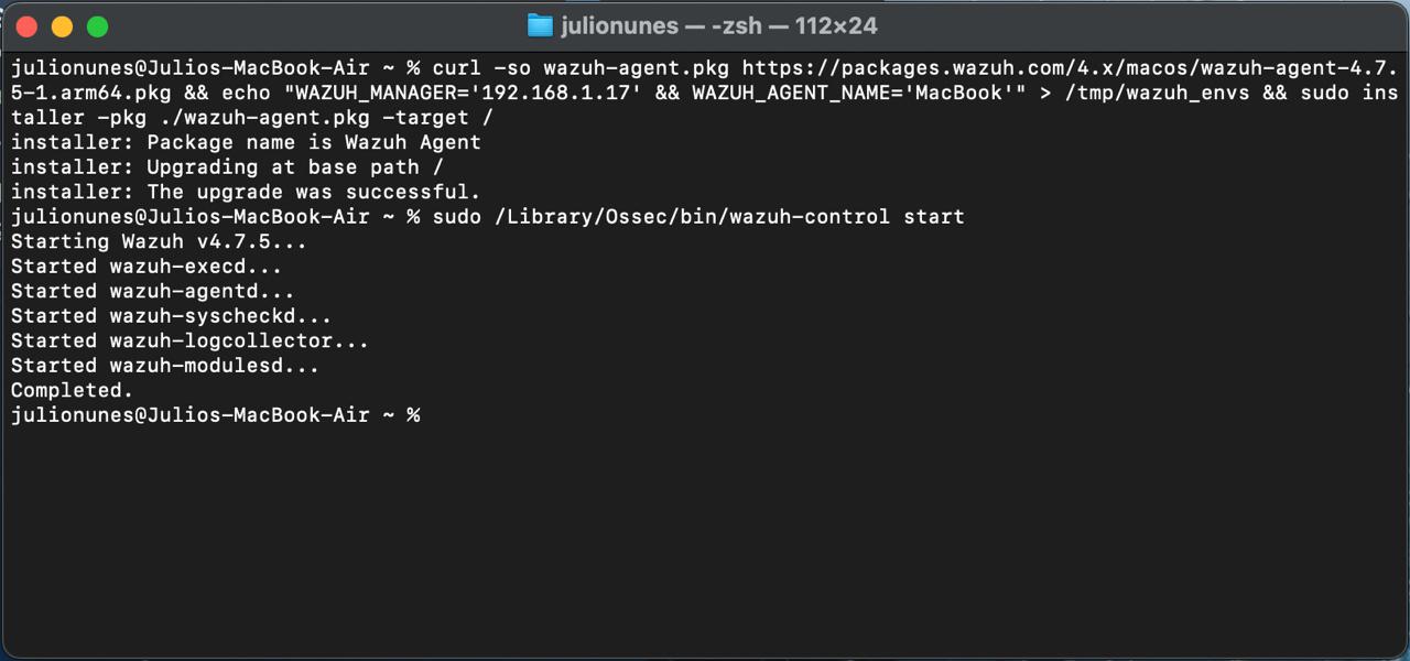 line of code installing the wazuh agent in macbook terminal